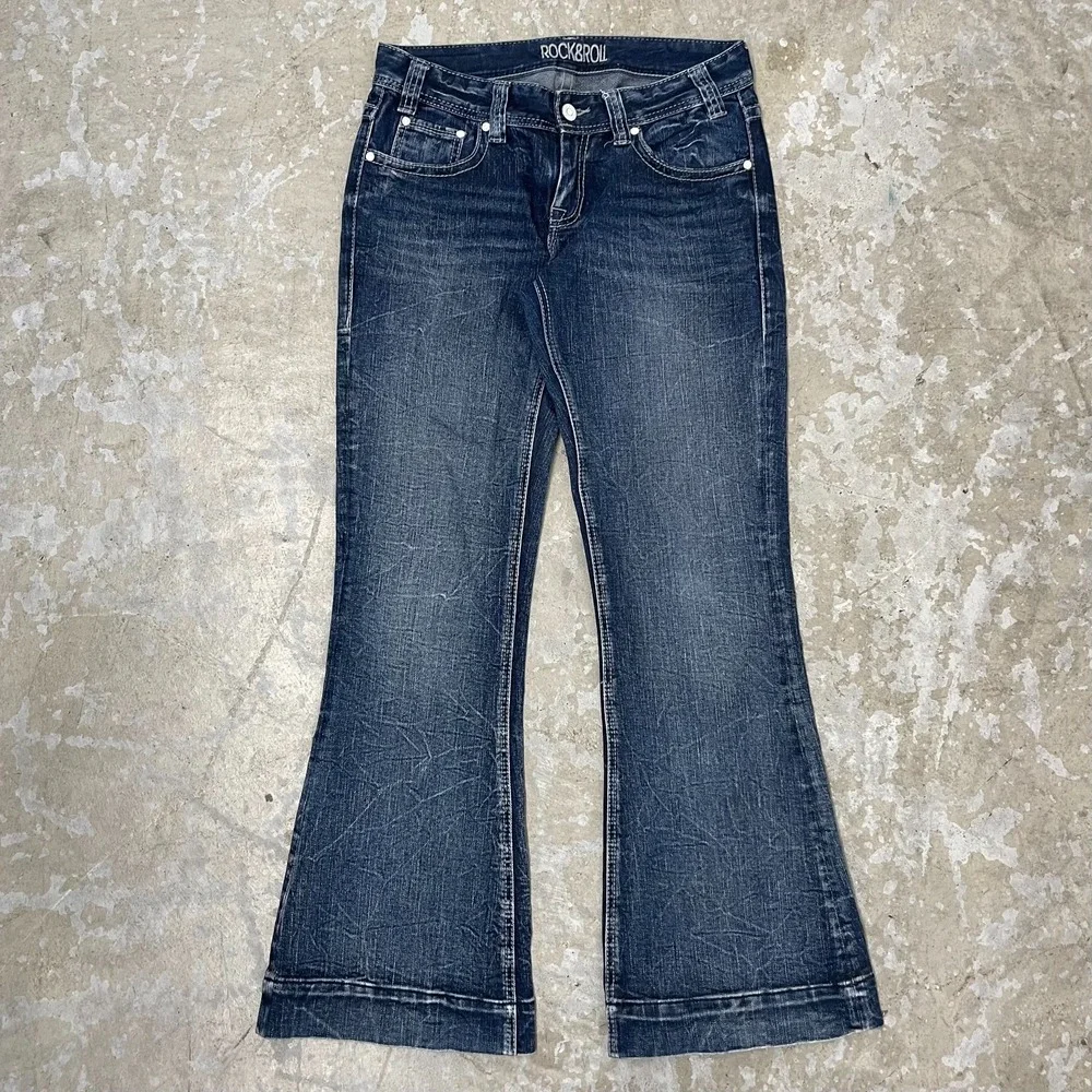 Rock & Roll Cowgirl Jeans Women 29x32 Blue Mid Trouser Flare Boho Mid Rise Denim